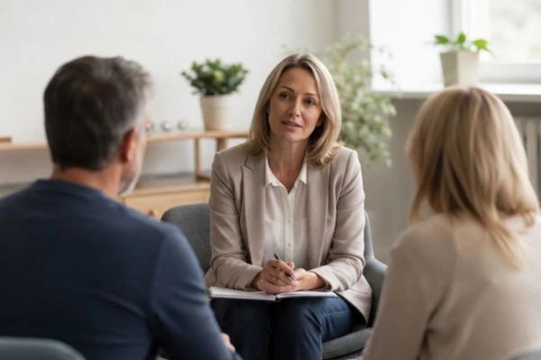 Couple discussing financial arrangement , pensions in divorce Gloucester
